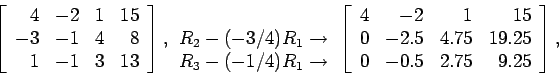 \begin{displaymath}
\left[
\begin{array}{rrrr}
4 & -2 & 1 &15 \\
-3 & -1 & 4 ...
...75 &19.25 \\
0 & -0.5 & 2.75 & 9.25 \\
\end{array} \right],
\end{displaymath}