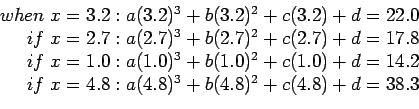 \begin{displaymath}
\begin{array}{r}
when x = 3.2: a(3.2)^3 + b(3.2)^2 + c(3.2...
... x=4.8: a(4.8)^3 + b(4.8)^2 + c(4.8) + d = 38.3 \\
\end{array}\end{displaymath}