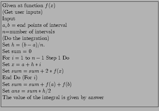 \fbox{\parbox{12cm}{
Given at function $f(x)$\\
(Get user inputs)\\
Input\\
$...
...b)$\\
Set $ans = sum*h/2$\\
The value of the integral is given by answer\\
}}