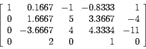 \begin{displaymath}
\left[
\begin{array}{rrrrr}
1 & 0.1667 & -1&-0.8333 & 1 \\
...
...4 & 4.3334 & -11 \\
0 & 2 & 0 & 1 & 0 \\
\end{array} \right]
\end{displaymath}