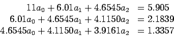 \begin{displaymath}
\begin{array}{rl}
11a_0+6.01a_1+4.6545a_2& =5.905 \\
6.01...
...839 \\
4.6545a_0+4.1150a_1+3.9161a_2& =1.3357 \\
\end{array}\end{displaymath}