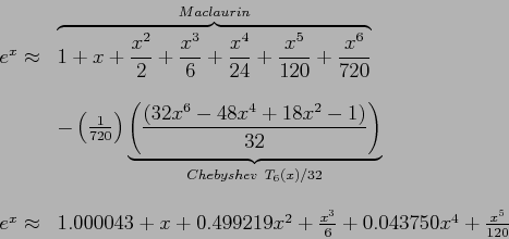 \begin{displaymath}
\begin{array}{ll}
e^x \approx & \overbrace{1+x+\frac{x^2}{2}...
...499219x^2+\frac{x^3}{6}+0.043750x^4+\frac{x^5}{120}
\end{array}\end{displaymath}