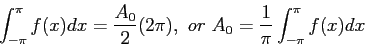 \begin{displaymath}
\int_{-\pi}^{\pi} f(x)dx=\frac{A_0}{2}(2\pi),~or~A_0=\frac{1}{\pi}\int_{-\pi}^{\pi} f(x)dx
\end{displaymath}