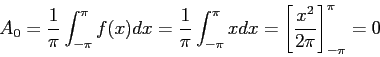 \begin{displaymath}
A_0=\frac{1}{\pi}\int_{-\pi}^{\pi} f(x)dx=\frac{1}{\pi}\int_{-\pi}^{\pi} xdx=\left[ \frac{x^2}{2\pi}\right] ^{\pi}_{-\pi}=0
\end{displaymath}