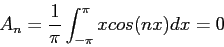 \begin{displaymath}
A_n=\frac{1}{\pi}\int_{-\pi}^{\pi} xcos(nx)dx=0
\end{displaymath}