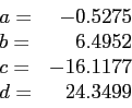 \begin{displaymath}
\begin{array}{lr}
a=& -0.5275 \\
b=& 6.4952 \\
c=& -16.1177 \\
d= & 24.3499 \\
\end{array}\end{displaymath}