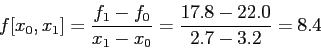 \begin{displaymath}
f[x_0,x_1]=\frac{f_1-f_0}{x_1-x_0}=\frac{17.8-22.0}{2.7-3.2}=8.4
\end{displaymath}