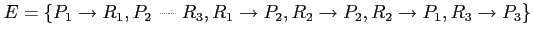 $E = \{P_1 \rightarrow R_1, P_2 \rightarrow R_3, R_1 \rightarrow P_2, R_2 \rightarrow P_2, R_2 \rightarrow P_1, R_3 \rightarrow P_3\}$