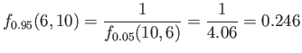 $\displaystyle f_{0.95}(6,10)=\frac{1}{f_{0.05}(10,6)}=\frac{1}{4.06}=0.246
$