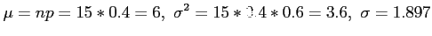 $\displaystyle \mu=np=15*0.4=6,~\sigma^2=15*0.4*0.6=3.6,~\sigma=1.897
$