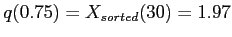 $ q(0.75)=X_{sorted}(30)=1.97$