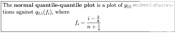 \fbox{\parbox{5in}{
The \textbf{normal quantile-quantile plot} is a plot of $y_{...
...
\begin{displaymath}
f_i=\frac{i-\frac{3}{8}}{n+\frac{1}{4}}
\end{displaymath}}}