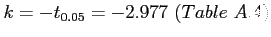 $\displaystyle k=-t_{0.05}=-2.977 ~(Table~ A.4)
$