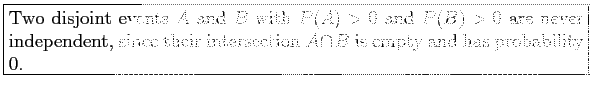 \fbox{\parbox{5in}{
Two disjoint events $A$\ and $B$\ with $P(A) > 0$\ and $P(B)...
...pendent, since their intersection $A \cap B$\ is empty and has probability 0.
}}