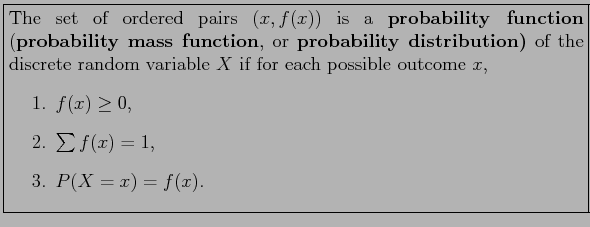 \fbox{\parbox{5in}{
The set of ordered pairs $(x,f(x))$\ is a \textbf{probabilit...
...item $f(x)\geq 0$,
\item $\sum f(x)=1$,
\item $P(X=x)=f(x)$.
\end{enumerate}}}