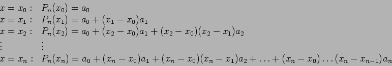 \begin{displaymath}
\begin{array}{ll}
x=x_0: & P_n(x_0)=a_0 \\
x=x_1: & P_n(x_1...
...n-x_1)a_2+\ldots+(x_n-x_0)\ldots(x_n-x_{n-1})a_n\\
\end{array}\end{displaymath}