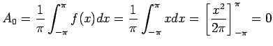 $\displaystyle A_0=\frac{1}{\pi}\int_{-\pi}^{\pi} f(x)dx=\frac{1}{\pi}\int_{-\pi}^{\pi} xdx=\left[ \frac{x^2}{2\pi}\right] ^{\pi}_{-\pi}=0
$