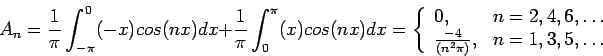 \begin{displaymath}
A_n=\frac{1}{\pi}\int_{-\pi}^{0} (-x)cos(nx)dx+\frac{1}{\pi}...
...,\ldots\\
\frac{-4}{(n^2\pi)}, & n=1,3,5,\ldots\\
\end{array}\end{displaymath}