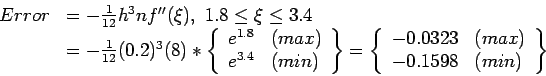 \begin{displaymath}
\begin{array}{rl}
Error&=-\frac{1}{12}h^3nf''(\xi), 1.8\leq\...
...0323&(max)\\
-0.1598&(min)\\
\end{array}\right \}
\end{array}\end{displaymath}