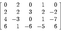 \begin{displaymath}
\left[
\begin{array}{rrrrr}
0 & 2 & 0 & 1 &0 \\
2 & 2 & 3...
...& -3 & 0 & 1 &-7 \\
6 & 1 &-6 &-5 &6 \\
\end{array} \right]
\end{displaymath}