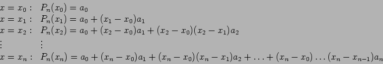 \begin{displaymath}
\begin{array}{ll}
x=x_0: & P_n(x_0)=a_0 \\
x=x_1: & P_n(x_1...
...n-x_1)a_2+\ldots+(x_n-x_0)\ldots(x_n-x_{n-1})a_n\\
\end{array}\end{displaymath}