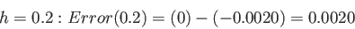 \begin{displaymath}
h = 0.2 : Error(0.2) = (0)-(-0.0020)= 0.0020
\end{displaymath}