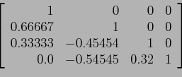 \begin{displaymath}
\left[
\begin{array}{rrrrr}
1&0&0&0\\
0.66667 & 1 & 0 & 0...
... & 1 &0 \\
0.0 & -0.54545 & 0.32 & 1 \\
\end{array} \right]
\end{displaymath}