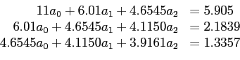 \begin{displaymath}
\begin{array}{rl}
11a_0+6.01a_1+4.6545a_2& =5.905 \\
6.01...
...839 \\
4.6545a_0+4.1150a_1+3.9161a_2& =1.3357 \\
\end{array}\end{displaymath}