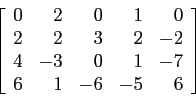 \begin{displaymath}
\left[
\begin{array}{rrrrr}
0 & 2 & 0 & 1 &0 \\
2 & 2 & 3...
...& -3 & 0 & 1 &-7 \\
6 & 1 &-6 &-5 &6 \\
\end{array} \right]
\end{displaymath}