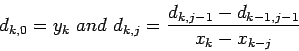 \begin{displaymath}
d_{k,0}=y_k~and~d_{k,j}=\frac{d_{k,j-1}-d_{k-1,j-1}}{x_k-x_{k-j}}
\end{displaymath}