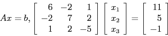 \begin{displaymath}
Ax=b,
\left[
\begin{array}{rrr}
6 &-2 & 1 \\
-2 & 7 & 2 \...
...left[
\begin{array}{r}
11\\
5\\
-1\\
\end{array}\right]
\end{displaymath}