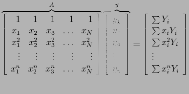 $\displaystyle \overbrace{\left[
\begin{array}{rrrrr}
1 & 1 & 1 & 1 & 1 \\
x...
...Y_i\\
\sum x_i^2Y_i\\
\vdots \\
\sum x_i^n Y_i\\
\end{array} \right]$