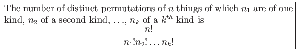 \fbox{\parbox{5in}{
The number of distinct permutations of $n$ things of which ...
... kind
is
\begin{displaymath}
\frac{n!}{n_1!n_2!\ldots n_k!}
\end{displaymath}}}