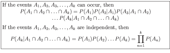 \fbox{\parbox{5in}{
If the events $A_1,A_2,A_3,\ldots ,A_k$ can occur, then
\be...
...ots \cap A_k)=P(A_1)P(A_2)\ldots P(A_k)=\prod_{n=1}^k P(A_n)
\end{displaymath}}}