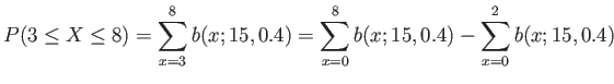 $\displaystyle P(3\leq X \leq 8)=\sum_{x=3}^8b(x;15,0.4)=\sum_{x=0}^8b(x;15,0.4) -\sum_{x=0}^2b(x;15,0.4)
$