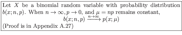 \fbox{\parbox{5in}{
Let $X$ be a binomial random variable with probability dist...
...ow{n\rightarrow \infty} p(x;\mu)
\end{displaymath}(Proof is in Appendix A.27)
}}