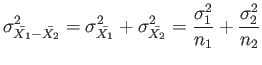 $\displaystyle \sigma_{\bar{X_1}-\bar{X_2}}^2=\sigma_{\bar{X_1}}^2+\sigma_{\bar{X_2}}^2=\frac{\sigma_1^2}{n_1}+\frac{\sigma_2^2}{n_2}
$