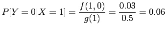 $\displaystyle P[Y=0 \vert X=1]=\frac{f(1,0)}{g(1)}=\frac{0.03}{0.5}=0.06
$