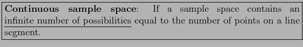 \fbox{\parbox{5in}{
\textbf{Continuous sample space}: If a sample space contains...
...ite number of possibilities} equal to the number of points on a line segment.
}}