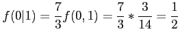 $\displaystyle f(0\vert 1)=\frac{7}{3}f(0,1)=\frac{7}{3}*\frac{3}{14}=\frac{1}{2}
$